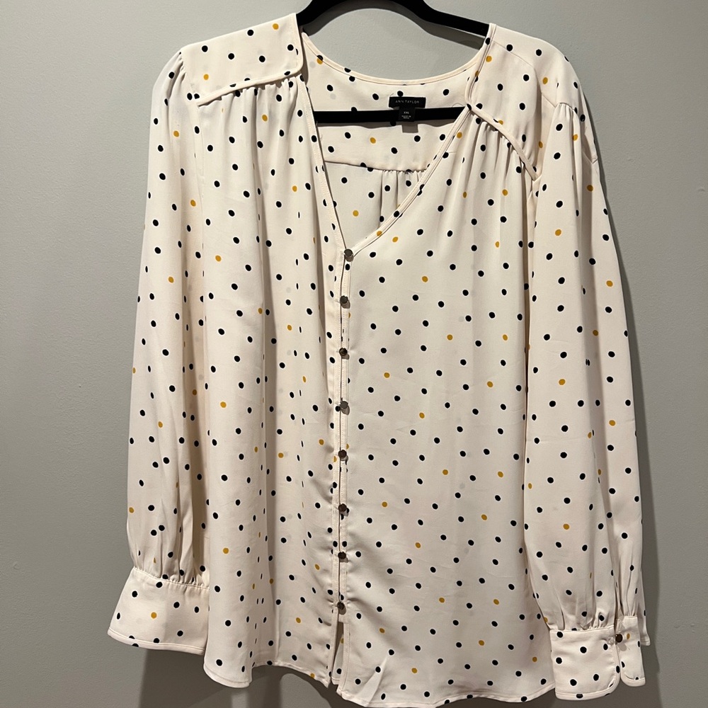 Ann Taylor Cream Blouse with Black and Gold Dots